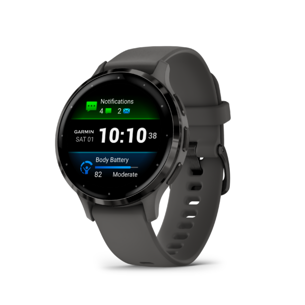 Garmin Venu®3s - 41 mm. Skiffergrå infattning i rostfritt stål med grå boett och silikonarmband